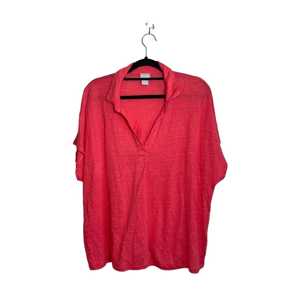 Chico’s 100% Linen Hot Pink Collared Split Neck Cap Sleeve Top 3 Xlarge Women’s - Picture 1 of 10